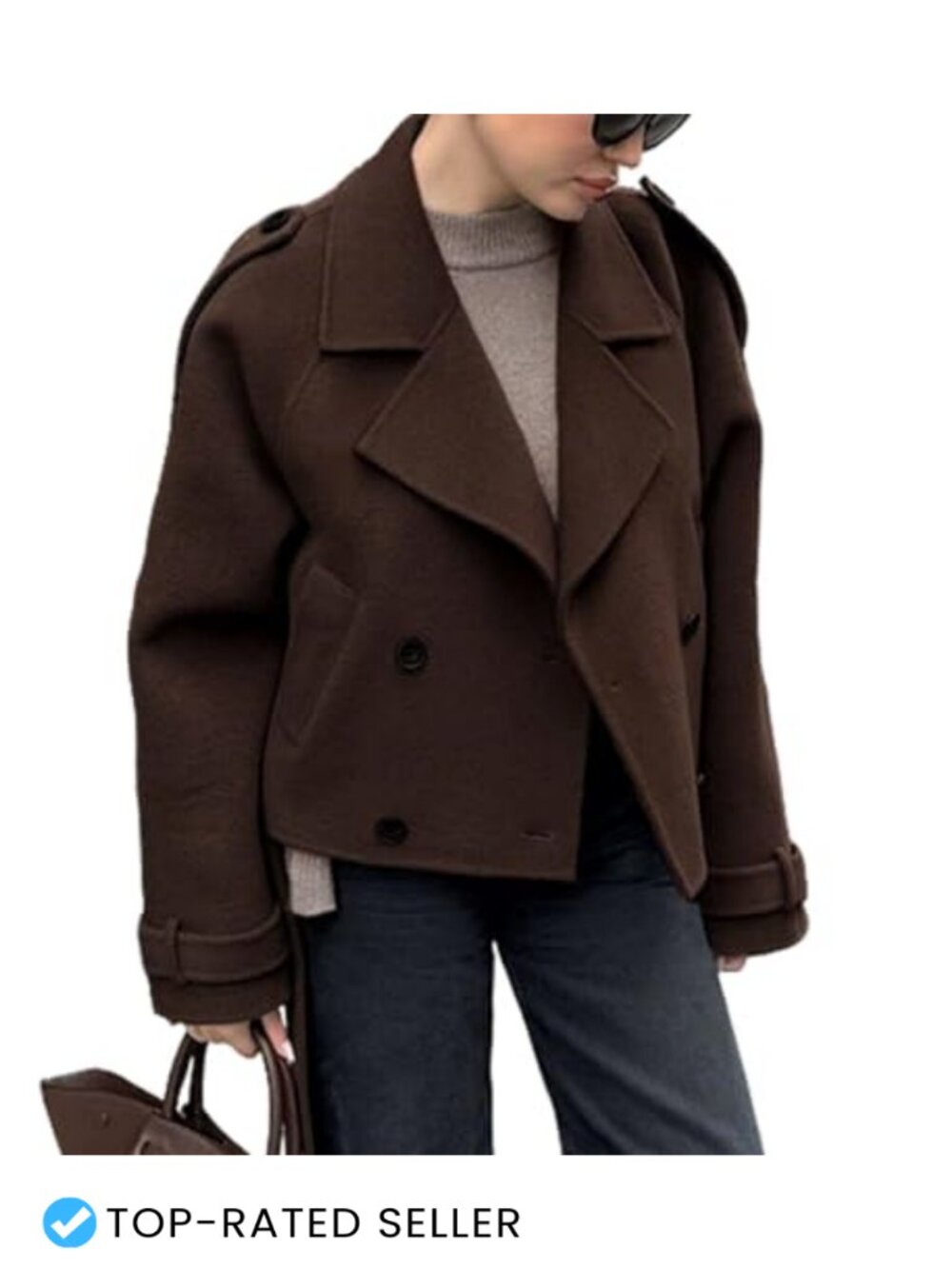 Crop Wool Blend Pea Coat Lapel Collar Double Breasted Winter Jacket